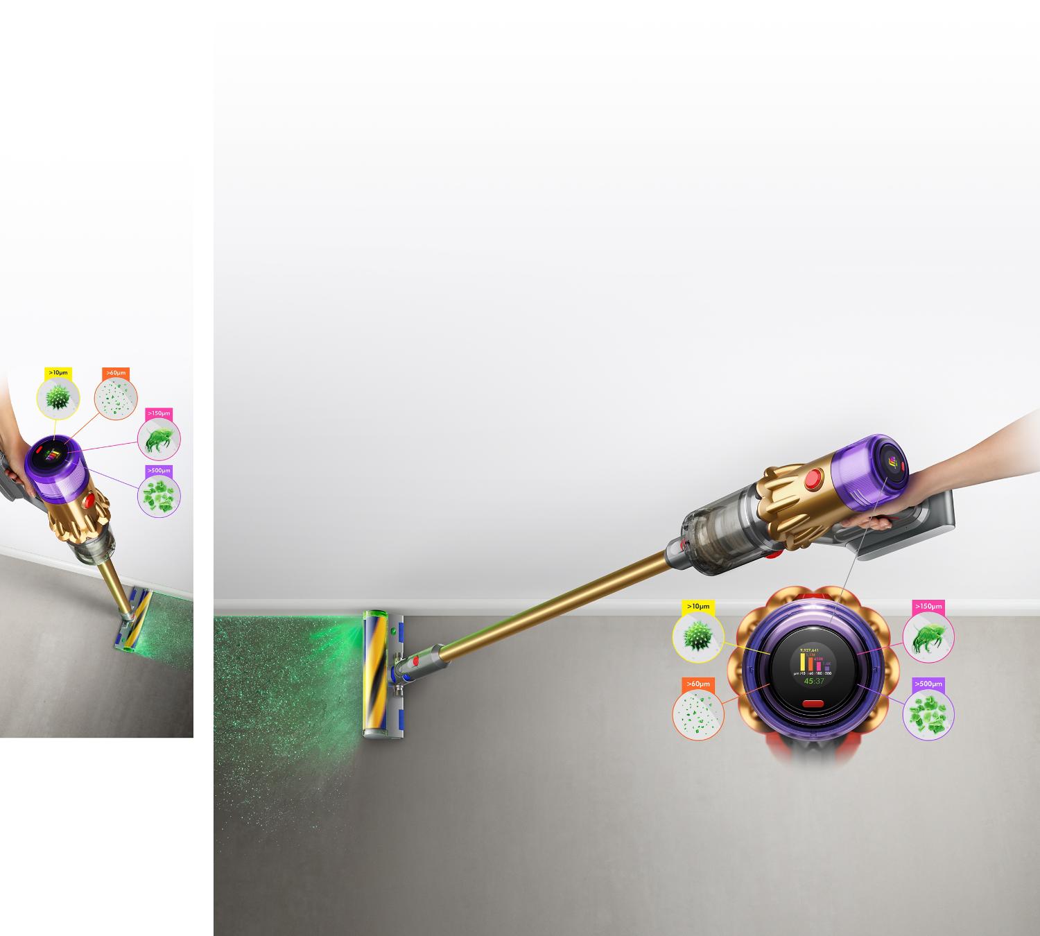 Dyson V12 Detect Slim vacuum with Slim Fluffy Laser cleaner head, showing sizes of dust detected